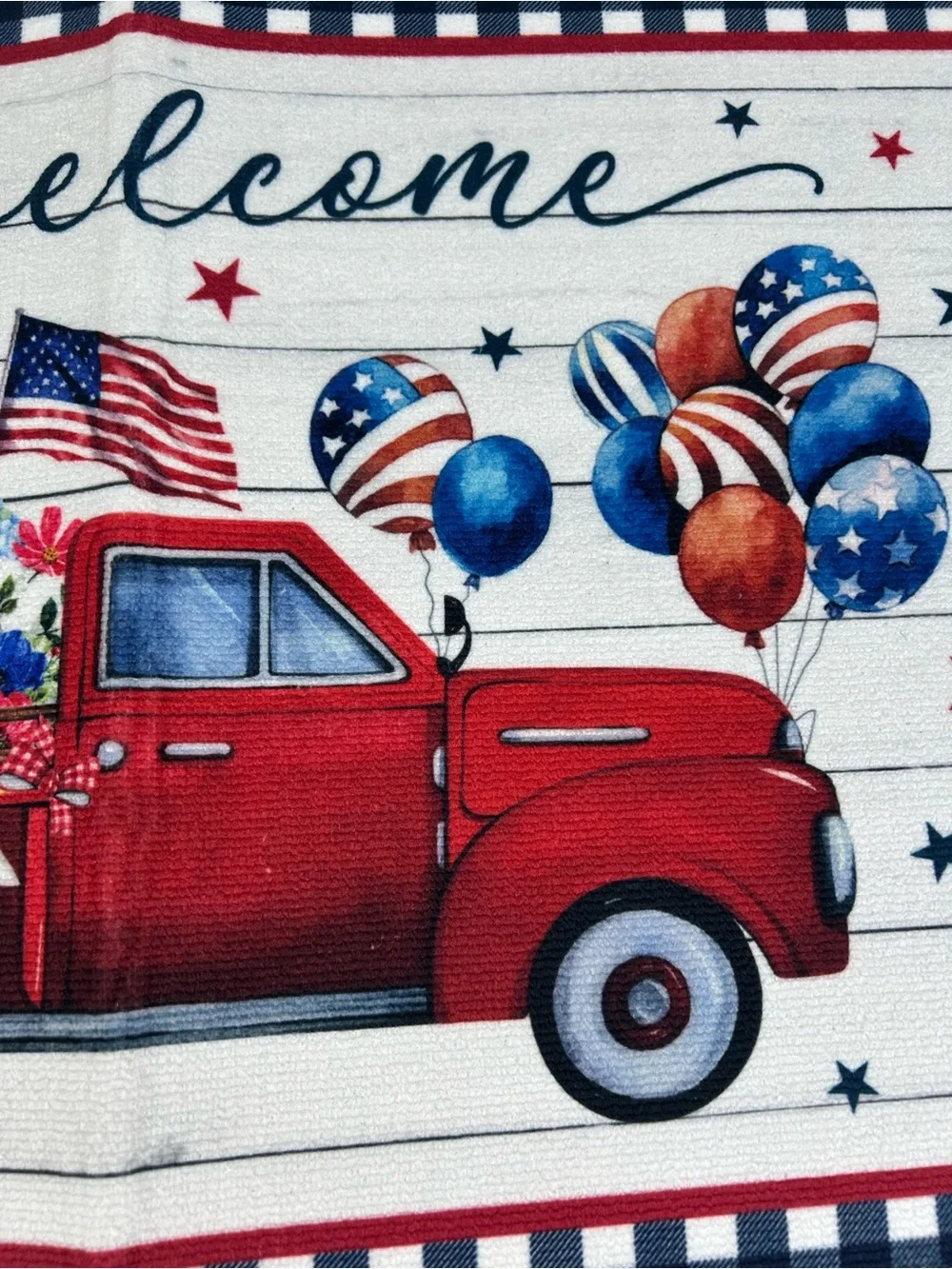 Patriotic Welcome Door Mat 24x16 Red Truck Flags Balloons 4th of July New